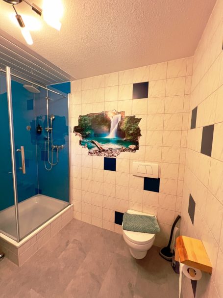 Badezimmer mit Dusche, WC und Wandbild eines Wasserfalls.